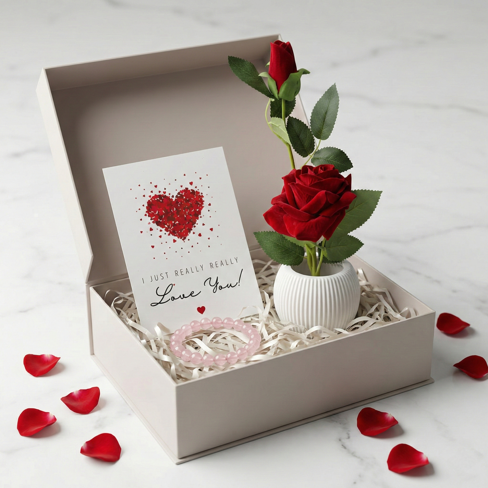 a (35) The Serenity Gift Set – Rose Quartz Healing Bracelet, Eternal Rose & Greeting Card - Image 1